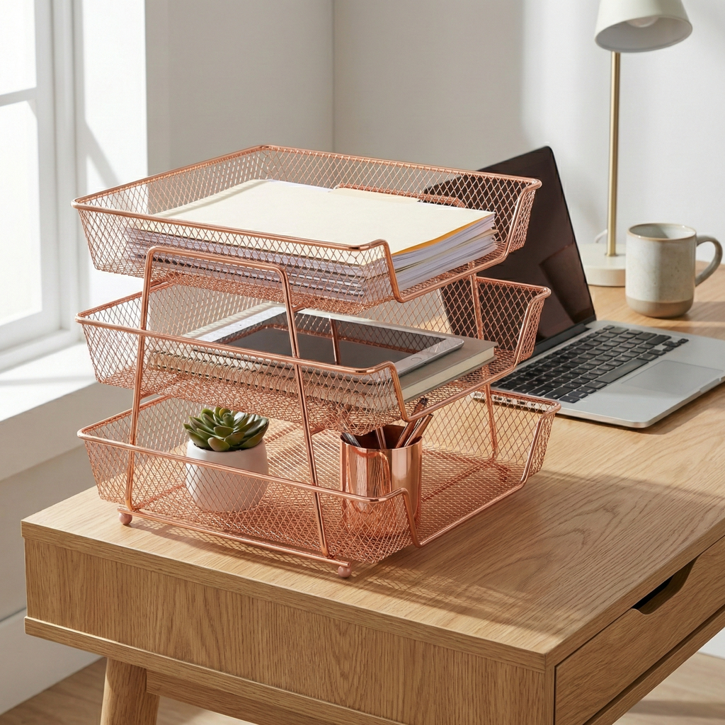 Sillistrations 3 Tier Steel Mesh Desk Tray – A4 Document Organiser – Rose Gold