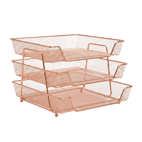 Sillistrations 3 Tier Steel Mesh Desk Tray – A4 Document Organiser – Rose Gold